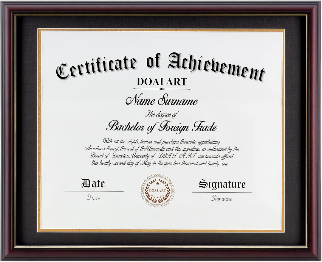 DOAI ART Diploma Frame 14 x 17 with Mat Solid Wood Display Document/Certificate 16x20 without Mat and Picture 17x14 with Black Over Gold Mat | Wall Hangers, New Zealand Cypress, HD Glass, Mahogany