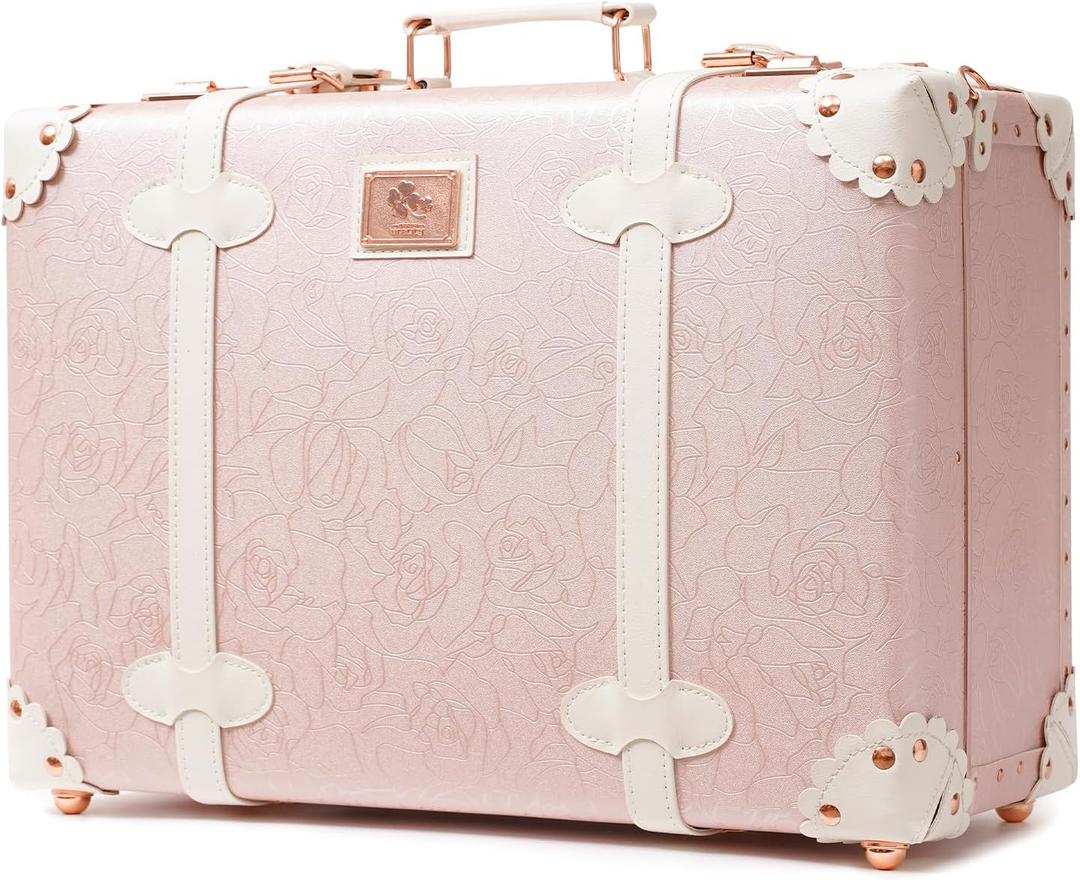 urecity Vintage and Cute Carry-on Overnight Case Non-wheeled Mini Leather Trunk Suitcase with Shoulder Strap (20", Elegant Pink)