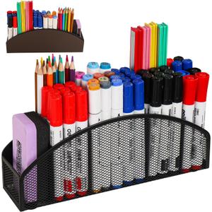 Large Magnetic Marker Holder, Heavy Duty Magnetic Whiteboard Organizer, 5 Slots Mesh Metal Magnetic Dry Erase Marker Holder Pencil Cup Caddy for Whiteboard Fridge Office (Black)