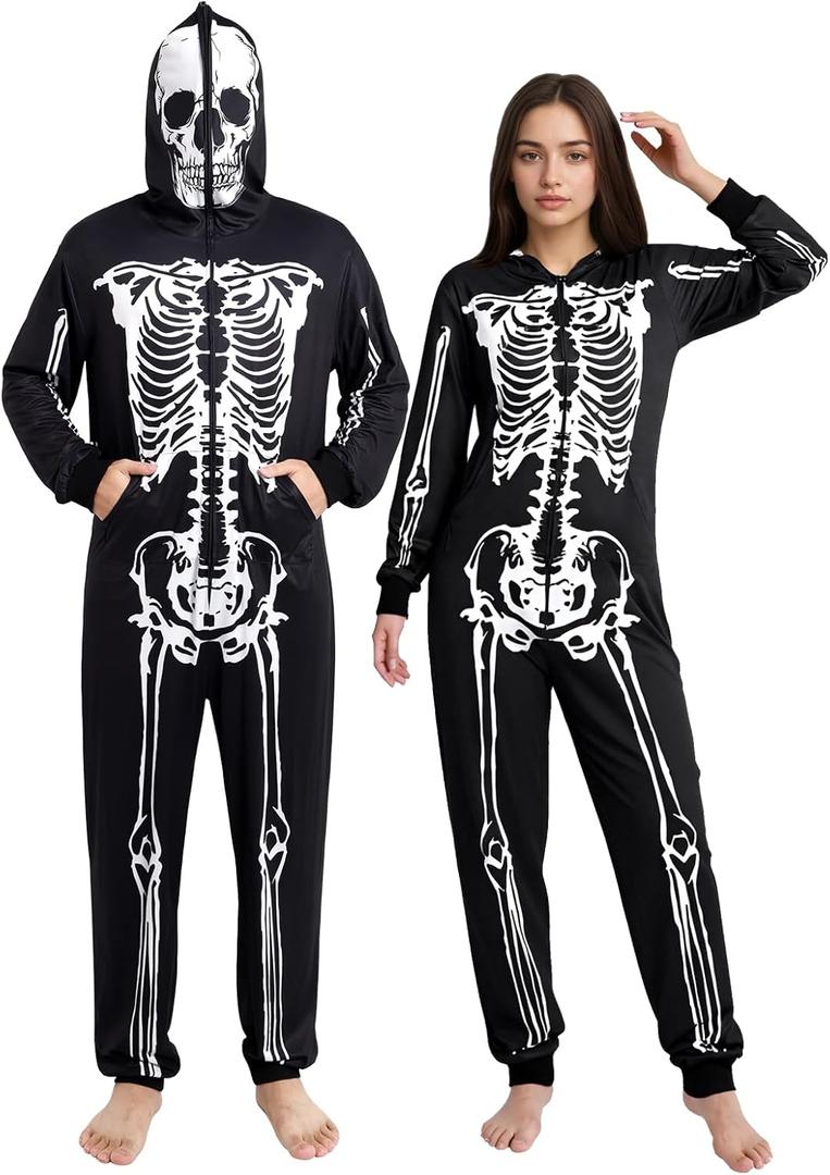 Halloween Skeleton Costume for Adults Full Body Jumpsuit with Hood and Face Print for Men Women One Piece Pajamas (Large, White)