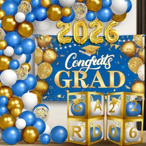 Graduation Decorations 2026 - Pack of 76, Congrats Grad Banner, 2026 Balloons and Grad Balloon Boxes, Blue And Gold Graduation Decorations Class Of 2026, Congrats Grad Decorations, KatchOn