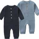 BeiVSlley Newborn Baby Boy Girl 2 Pack Button Solid Romper Infant Long sleeve Knit Cotton Footless Outfits Clothes (12-18 Months, Blue+dark Blue)