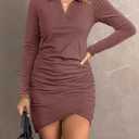 AUXDIO Women Bodycon Long Sleeve Dresses Casual V Neck Ruched Wrap 2026 Spring Fall Party Club Mini Dress (L)