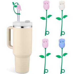 Straw Toppers for Stanley Cup, Cute Straw Cover Cap Compatible with 20 30 40 Oz Tumbler and Water Bottles, 6 8 10mm Straw Accessories, 4Pcs Silicone Rose Flower for Women Kids (Pink Pink Blue White)