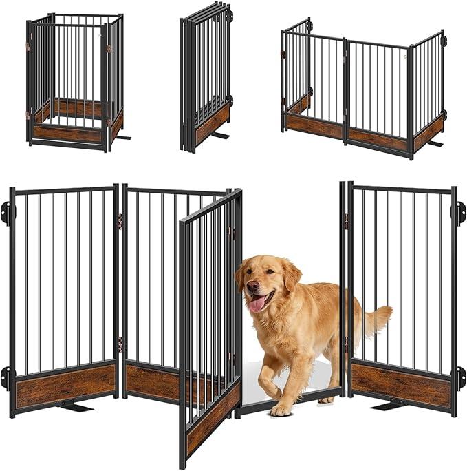 Freestanding Short Dog Gate, 16" Tall Pet Gate Indoor with Support Feet Easily Step Over, 4 Panel Metal Wood Foldable Pet Dog Gate, Up to 48" Wide Puppy Fence, Puppy Gate for for Doorway&Hallway Black