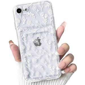 NITITOP Compatible with iPhone 7/8 / SE Case Clear with Card Holder Cute Flower Floral Leave Pattern for Women Girl Soft TPU Shock-Absorbing Wallet Case Protective Phone Cover - White