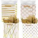 Nihuecne 9" Gift Bags Medium Size with Tissue Paper, 4 Pack White Gold Wrap Paper Gift Bags with Handles for Shopping Parties Wedding Baby Shower Holiday Presents 4 Designs