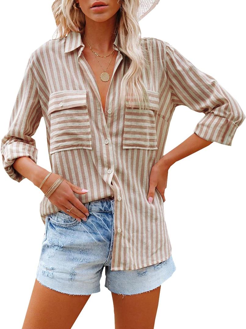 OMSJ Women's Striped Button Down Shirts Casual Long Sleeve Stylish V Neck Blouses Tops with Pockets (Medium, Brown)