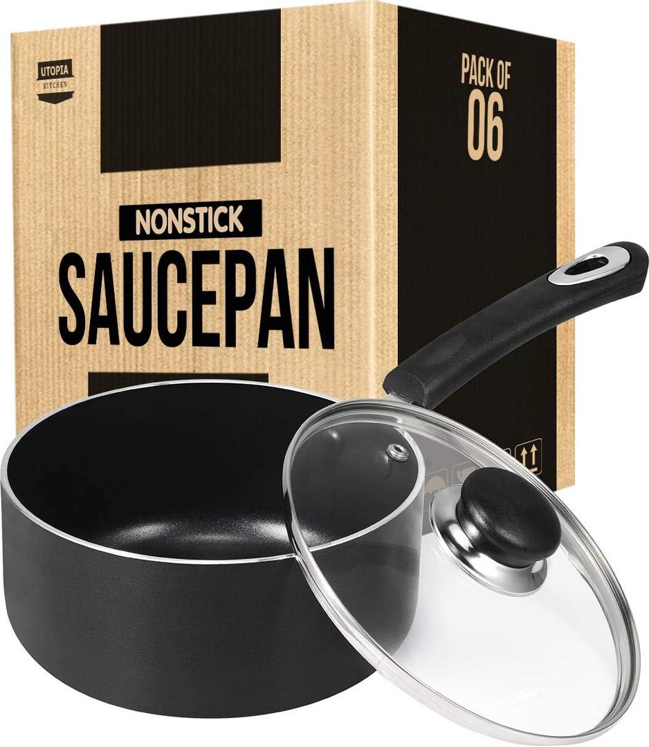 Utopia Kitchen 2 Quart Detachable handle Nonstick Saucepan with Glass Lid, Multipurpose Use for Home, Kitchen or Restaurant, Grey & Black, Pack of 6