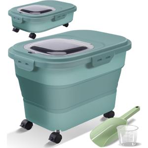 Collapsible Dog Food Storage Container with Lids, Airtight 30 35 Lbs Rice Cereal Flour Sugar Containers Dispenser, Sealable 20 25 Lbs Dog Pet Cat Bird Seed Kitchen Holder Bin Bucket with Rolling Wheel (Green)