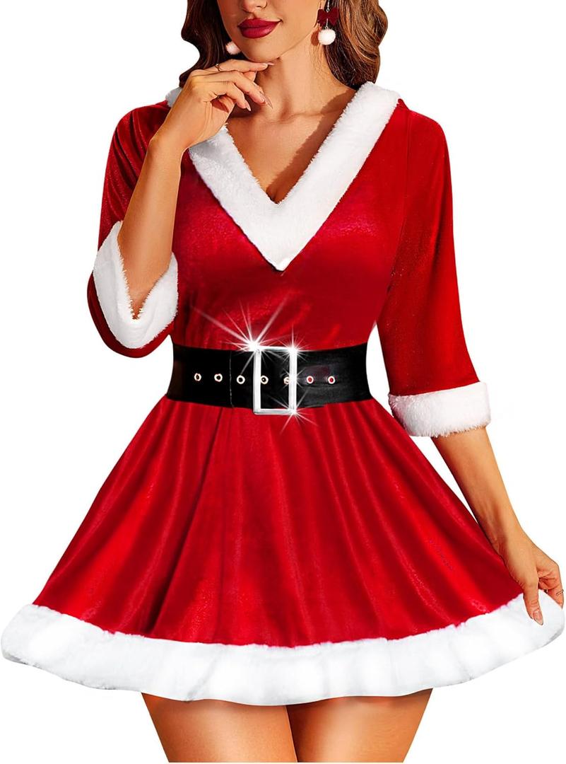 RSLOVE Christmas Lingerie for Women Sexy Santa Babydoll Chemise Mrs Claus Costume with Belt (Small, Red)