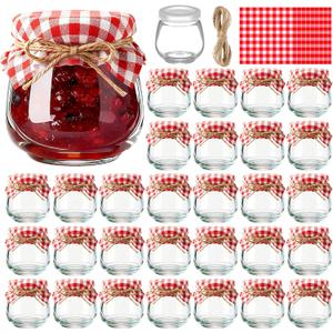 LemonRoad 30 Mini Yogurt Jars 3.4 oz Glass Bottles with Plastic Lids for Jam, Honey, Wedding Favors, Birthday Party Decor Mason Jar with Checkered Cloth and Rope (Circle, Red, White)