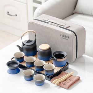 LURRIER Gongfu tea sets, Portable Ceramic TeaSet, Asian Tea sets for adult, Tea Gift sets, Grey leather case, Portable Travel Bag,Home,Gifting,Outdoor and Office(Black and Blue)