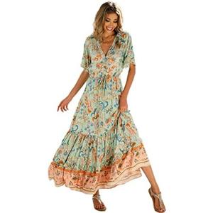 R.Vivimos Womens Summer Cotton Short Sleeve V Neck Floral Print Casual Bohemian Midi Dresses, Small