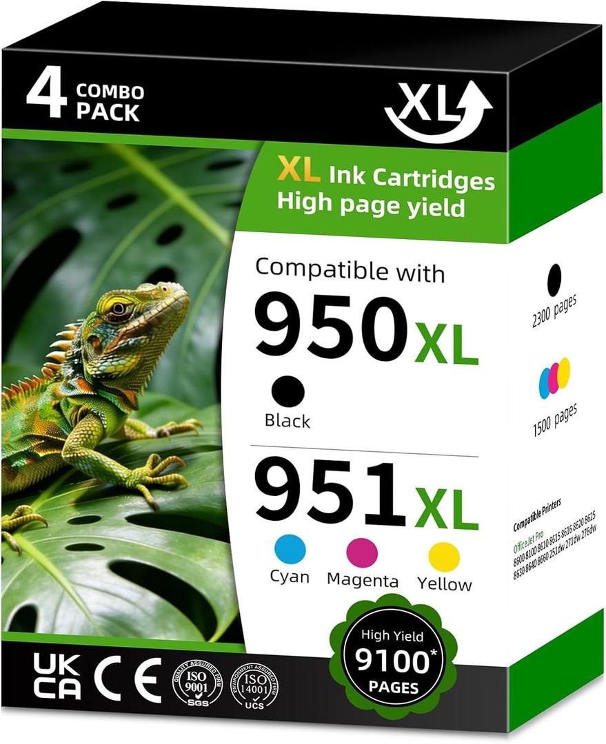 950XL/951XL High Yield Ink Cartridge Replacement for HP950XL/951XL HP950/951 950/951 XL Combo Pack Compatible with HP officejet pro 8600 8100 8610 8615 8616 8620 ( Black Cyan Magenta Yellow 4 Pack)