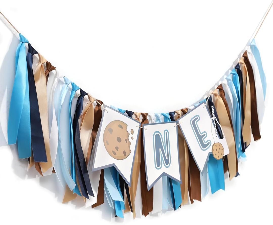 Milk And Cookies Highchair Banner - Cookies And Milk Theme Decorations, One Tough Cookie Banner, Blue And Brown Photo Smash Props, First Birthday Party Supplies