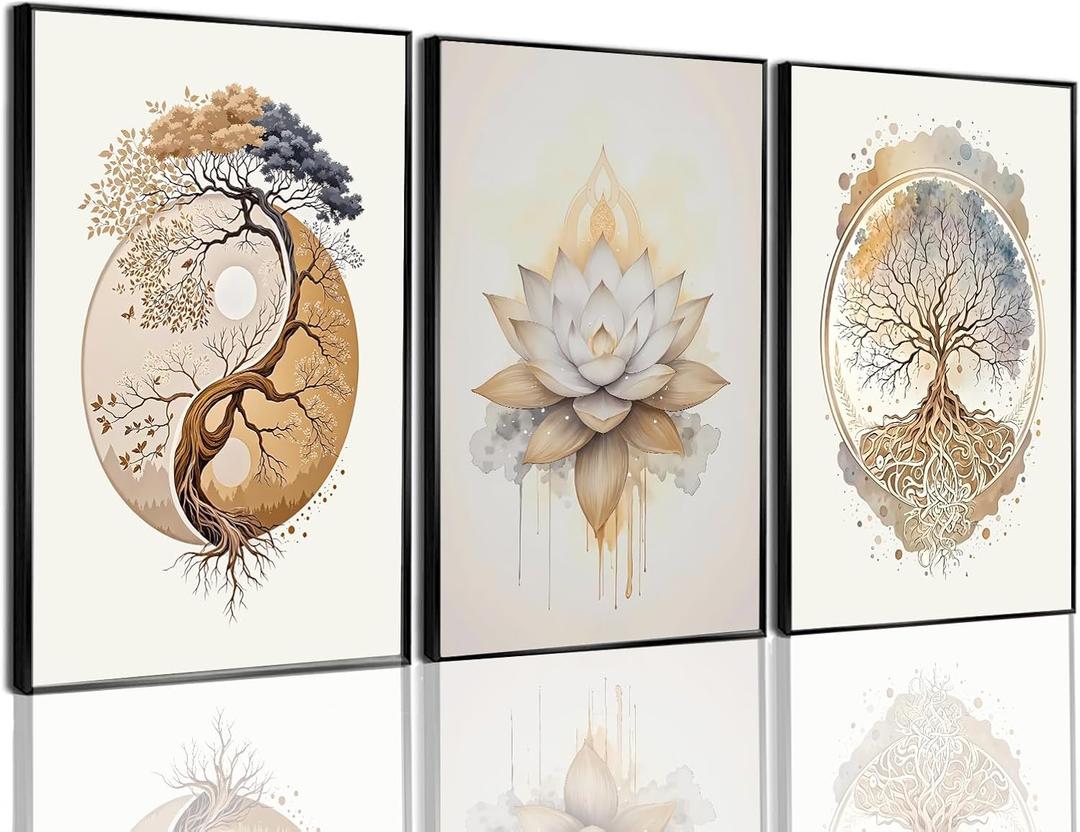 3PCS Tree of Life Cnavas spiritual Wall Art Boho Sacred Geometry Posters Print Art Lotus Zen Pictures Wall Decor Abstract Yin Yang Fall feng Shui Artwork for Living Room Yoga Room Bedroom Home Decoration ( Poster No Frame)