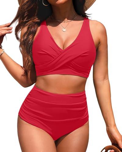 High Waisted Two Piece Swimsuit-Womens Bikini Set Tummy Control Bathing Suit Modest Full Coverage Bikini 2025 Red L