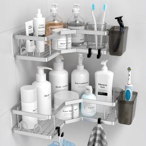 Corner Shower Caddy Shelf Rack: 2 Pack Adhesive Shower Organizer Essentials - No Drilling Stainless Steel Shower Storage Rack with Hooks and Toothpaste Holder - Bathroom Accessories (9.6"9.6"2.6", silver)