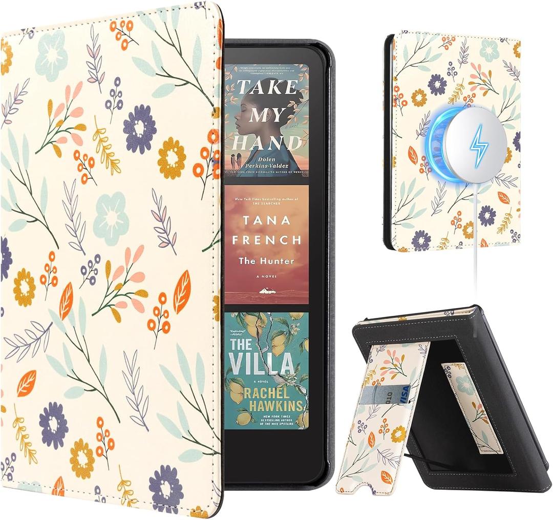 CoBak Stand Case for 7" Kindle Paperwhite 12th Gen 2024 and Kindle Colorsoft with Hand Strap - Compatible with iPhone MagSafe, for Samsung/Belkin/Anker Wireless Charging Pads, Durable, Auto Sleep Wake (Flowers)