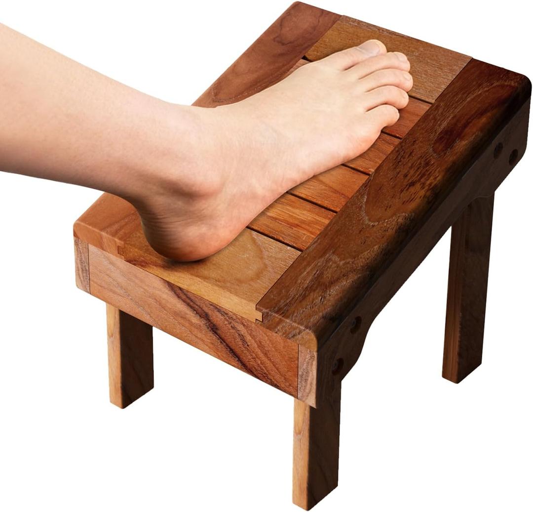 Teak Shower Stool for Shaving Legs, Non-Slip Bathroom Foot Step, Waterproof Wooden Shower Foot Step for Bathroom