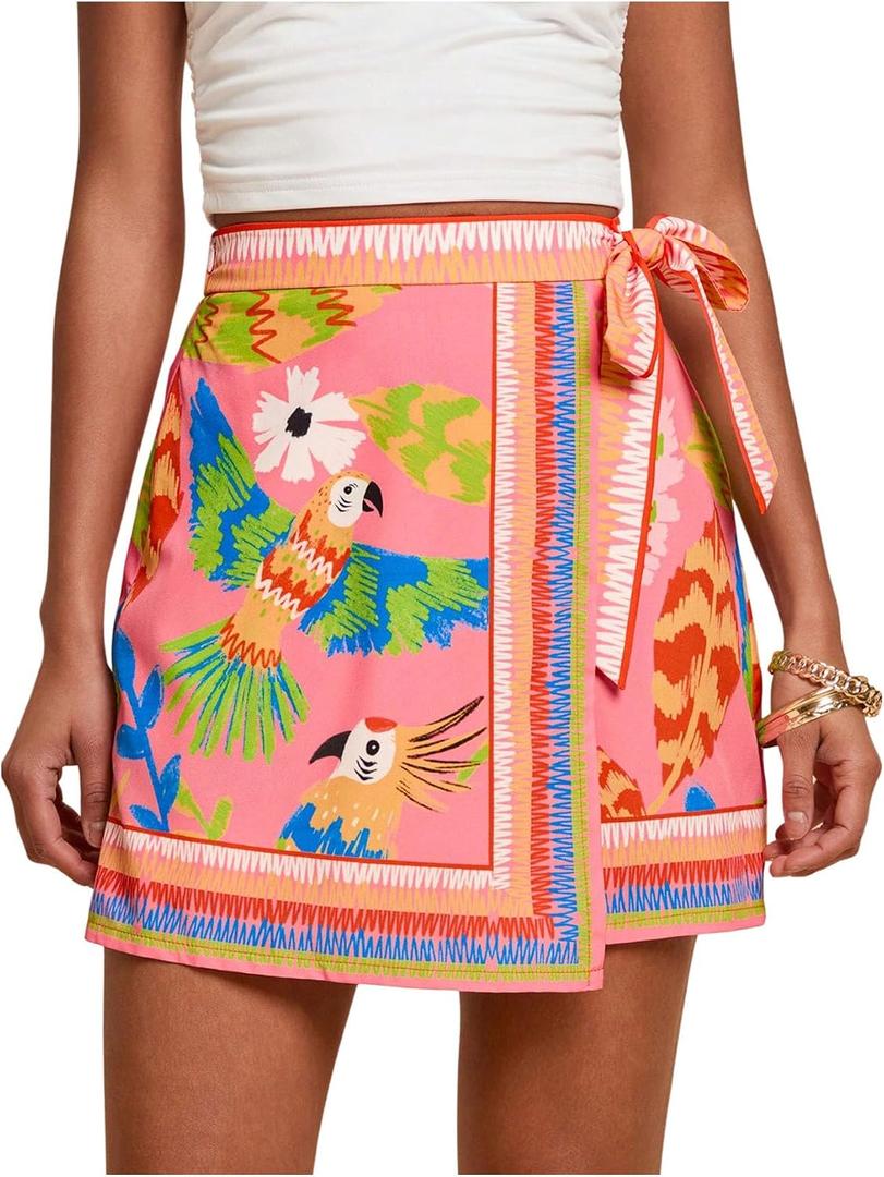 MakeMeChic Women's Summer Boho Wrap Mini Skirt Beach Vacation Short Skirts Pink Bird Print X-Small