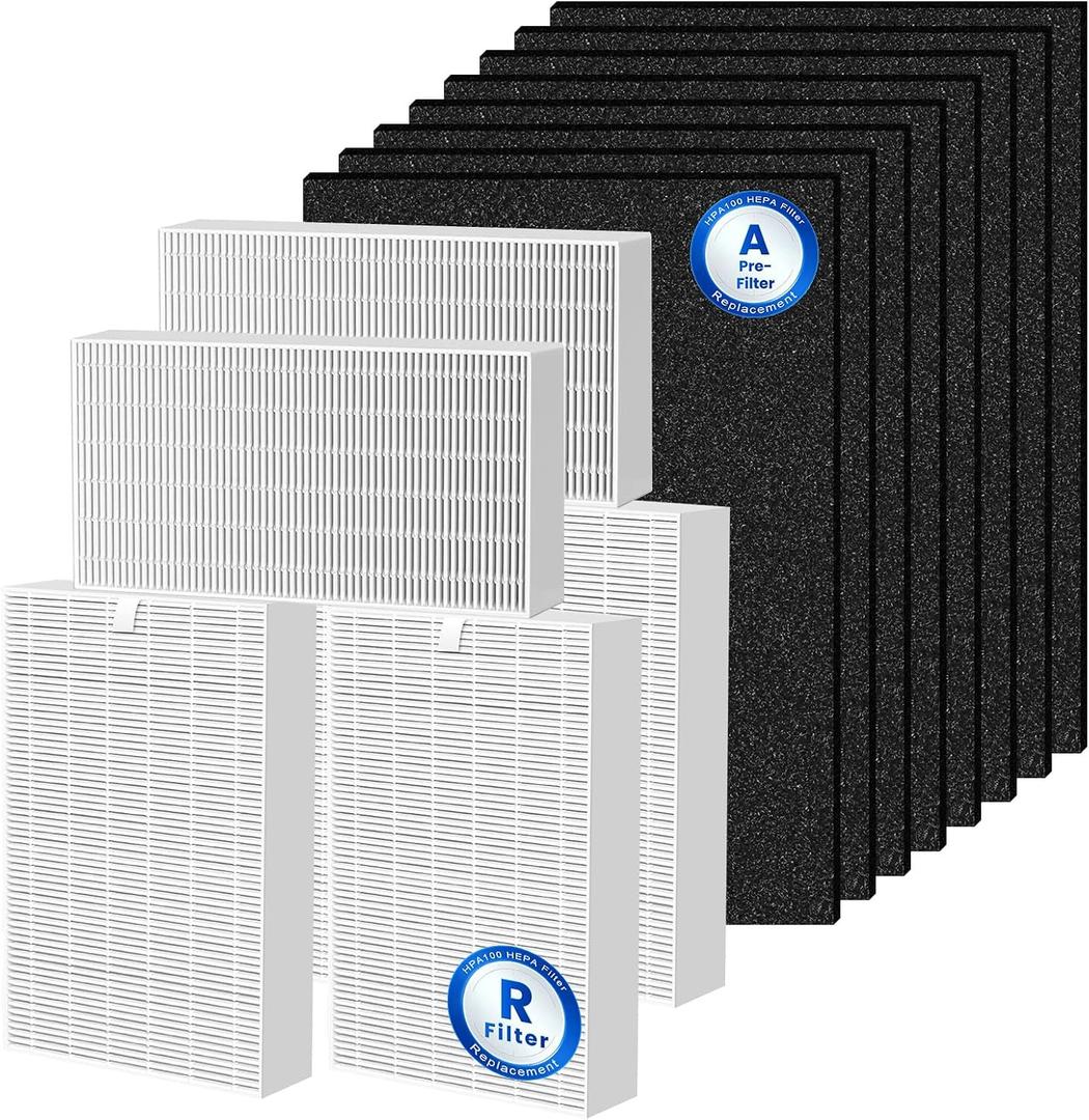 HPA100 HEPA Filter Replacement for Honeywell Air Purifiers, Compatible with HPA100,HPA094, HPA104, HPA105 HPA3100, HPA5100, 6 HEPA R Filters and 8 Pre-Cut A Carbon Pre-filter,Part No. HRF-ARVP100