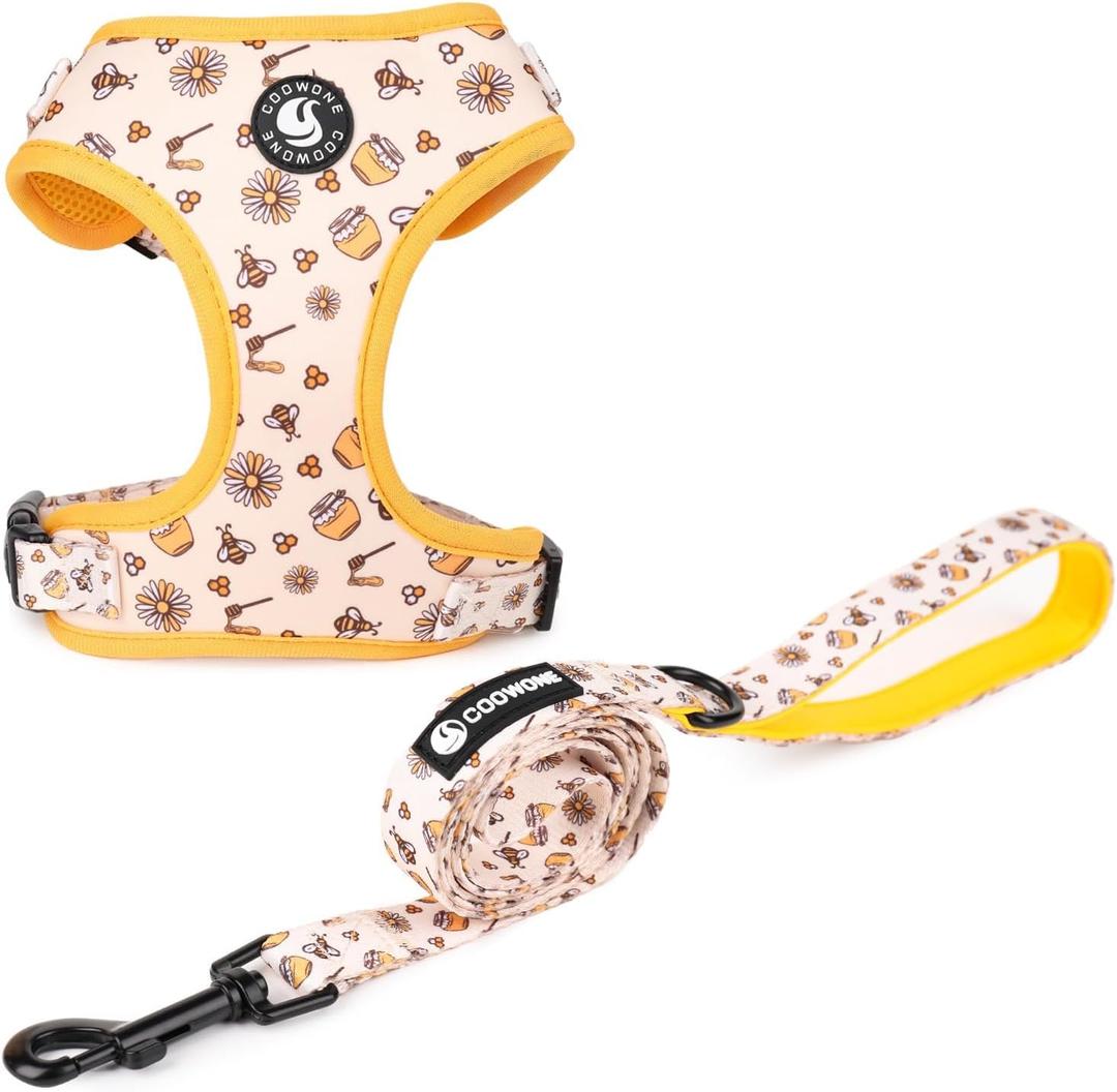 Dog Cat Harness and Leash Set, Puppia Soft Mesh Padded and Adjustable Puppy Vest Cute Dog Clothes Escape Proof Easy Walk Pet Accessories (Honeybee, M (Neck 13.4"-16.5"; Chest 17.7"-23"))