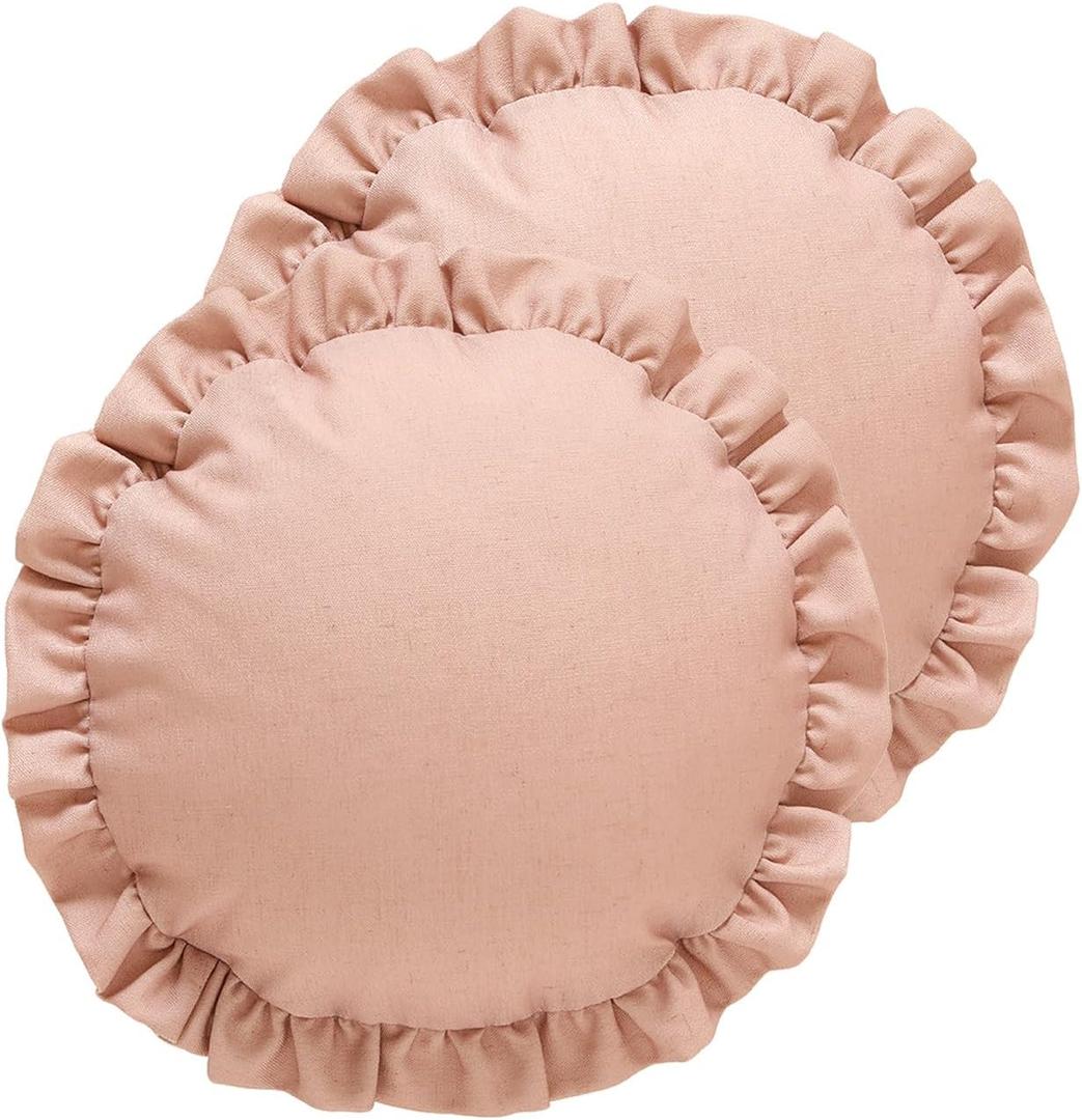 ISAENNE 2 Pcs Classic Pink Round Throw Pillow Cover Diameter 16", Solid Color Cottage Linen Cotton Decor Pillow Cover with Ruffles, Sturdy Throw Pillow Case for Couch Sofa Bed Living Room