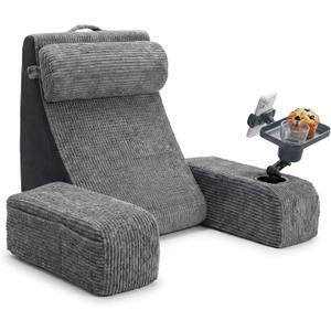 TabCouchCaddy Reading Pillow for Adults 24 XL Memory Foam Backrest with Detachable Arms, Cup Holder, Phone Caddy & Adjustable Tray Mount | Back Pillow for Bed Sitting Up, Reading, TV & Recovery