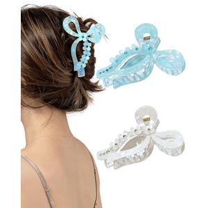 2 x ACECHA 2 Pack Cute Glitter Bow Claw Clip for Women Thick Hair, Non-slip | acrylic bow clip with flowers, sparkly elegant, non-slip grip for thick hair, for daily wear weddings parties, green & white