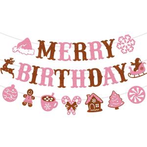 Merry Birthday Banner Pink Christmas Birthday Decoration Jesus Bday Backdrop Hot Cocoa Santa Claus Snowflake Tree Gingerbread Xmas Theme Winter Party Decor