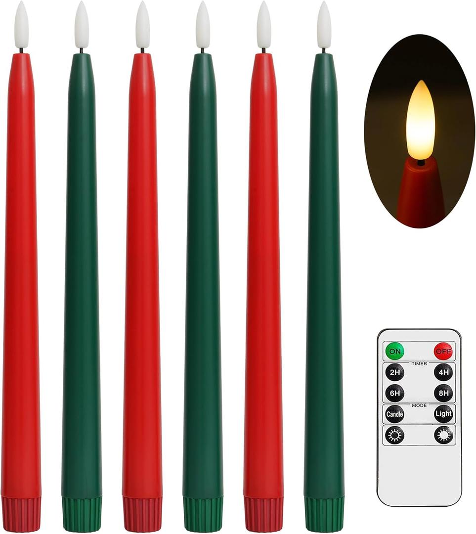 Green and Red Flameless Taper Candles with Remote Control - 11 Inch LED Candlesticks Battery Operated, Realistic 3D Flame with Wick, Timer, 6 Pack Holiday Candles Christmas Decor