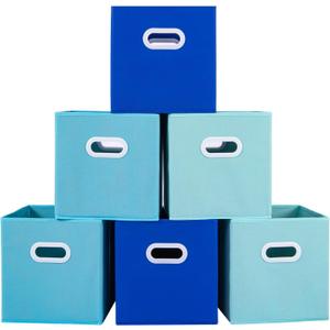 Stero Fabric Storage Cubes Bins, 13 inch Fun Colored Foldable Storage Baskets with Dual Plastic Handle for Home, Kids Room, Closet and Toys Organization, Multi Colored, Set of 6 (Cyan, Dark Blue, Blue)