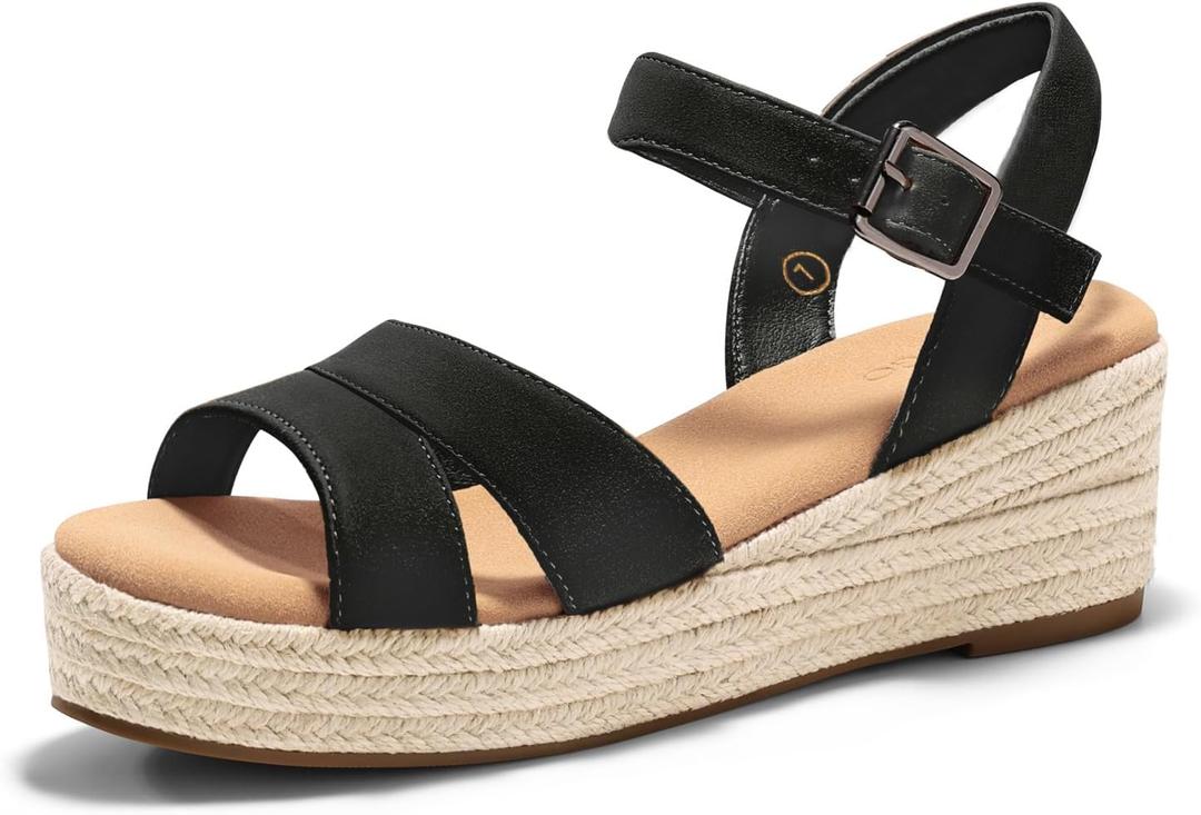 Coutgo Womens Wedge Platform Sandals Espadrille Heels Open Toe Buckle Ankle Strap Summer Shoes (White, M)