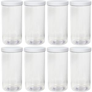 8 Pack Clear Plastic Jars with White Lid, 68 Oz Round Storage Jars, Empty Large Mason Jars, Tall Canisters Cylinders, Pantry Container for Dry Food, Spice, Cereal, Nuts, Noodles