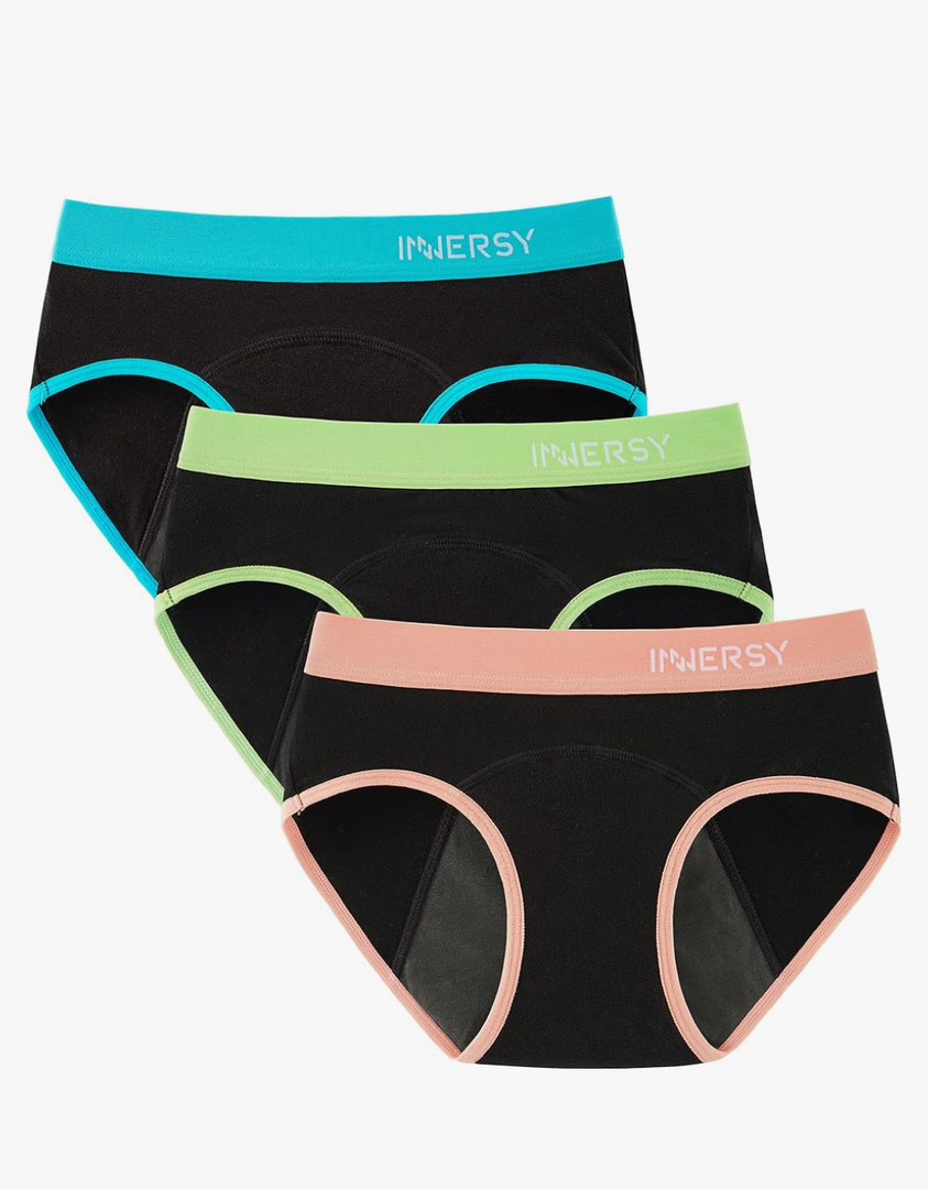INNERSY Period Underwear for Teens Girls Cotton Leak-Proof Menstrual Panties 3-Pack, Size M(10-12)