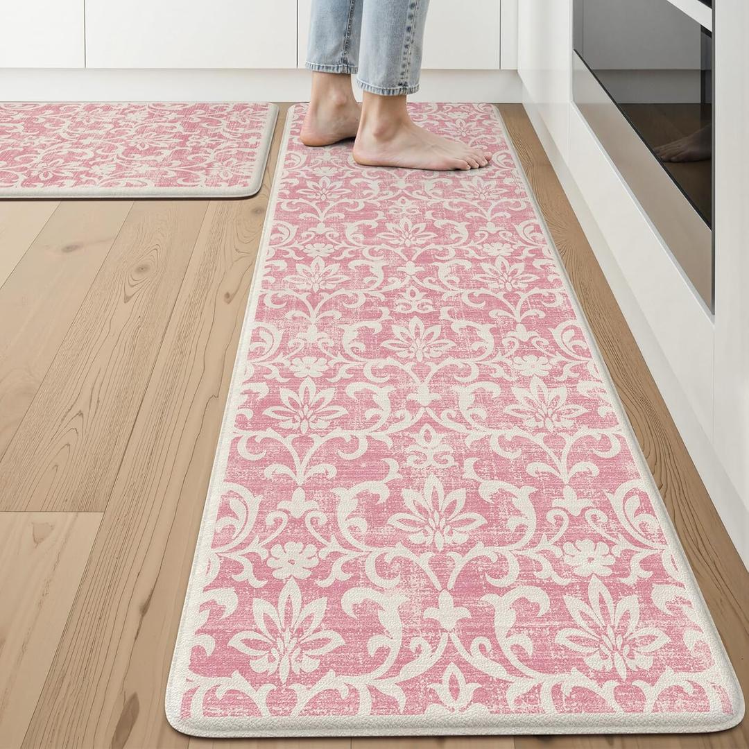 LEEVAN Pink Kitchen Mats for Floor Sets of 2, Vintage Distressed Anti Fatigue Memory Foam Kitchen Mat for Laundry,Non Slip Cushioned Standing Mat for Home, Office, Desk,Sink(17.3"x29"+17.3"x59")