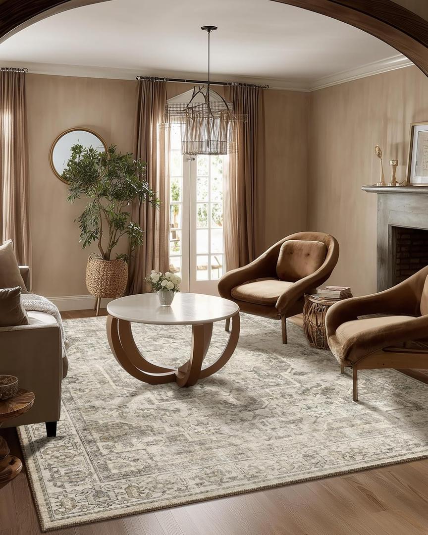 Washable Area Rugs for Living Room: 5x7 Bedroom Area Rugs Boho Vintage Rugs Stain Resistant Non Slip Low Pile Soft Lightweight Carpet for Kitchen Dining Room Farmhouse Nursery Kids Room Home Office (Brown and Cream)