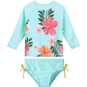 HUAANIUE Baby/Toddler Girls 2 Piece Rash Guard Long Sleeve Swimsuit Set (6-12 Months, Aqua)