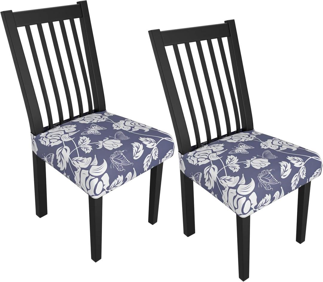 Stretch Dining Chair Seat Covers Set of 2,Dining Chair Slipcovers, Floral Printed Chair Covers,Soft Fabric Washable Upholstered Chair Seat Protector, No Rear Covers for Home Kitchen Dining Room (Light Purple Flowers + Butterflies)