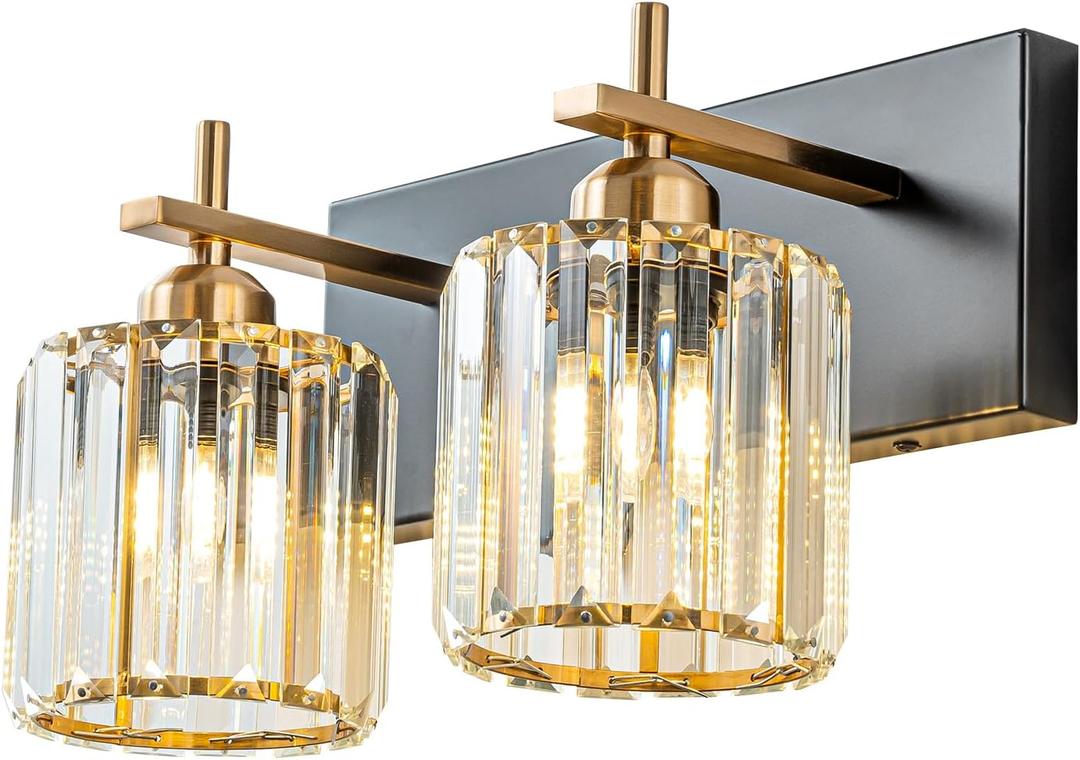 2-Light Crystal Bathroom Vanity Lights, Black Gold Modern Bathroom Light Fixtures Over Mirror Crystal Wall Lighting with Polished Gold Finish