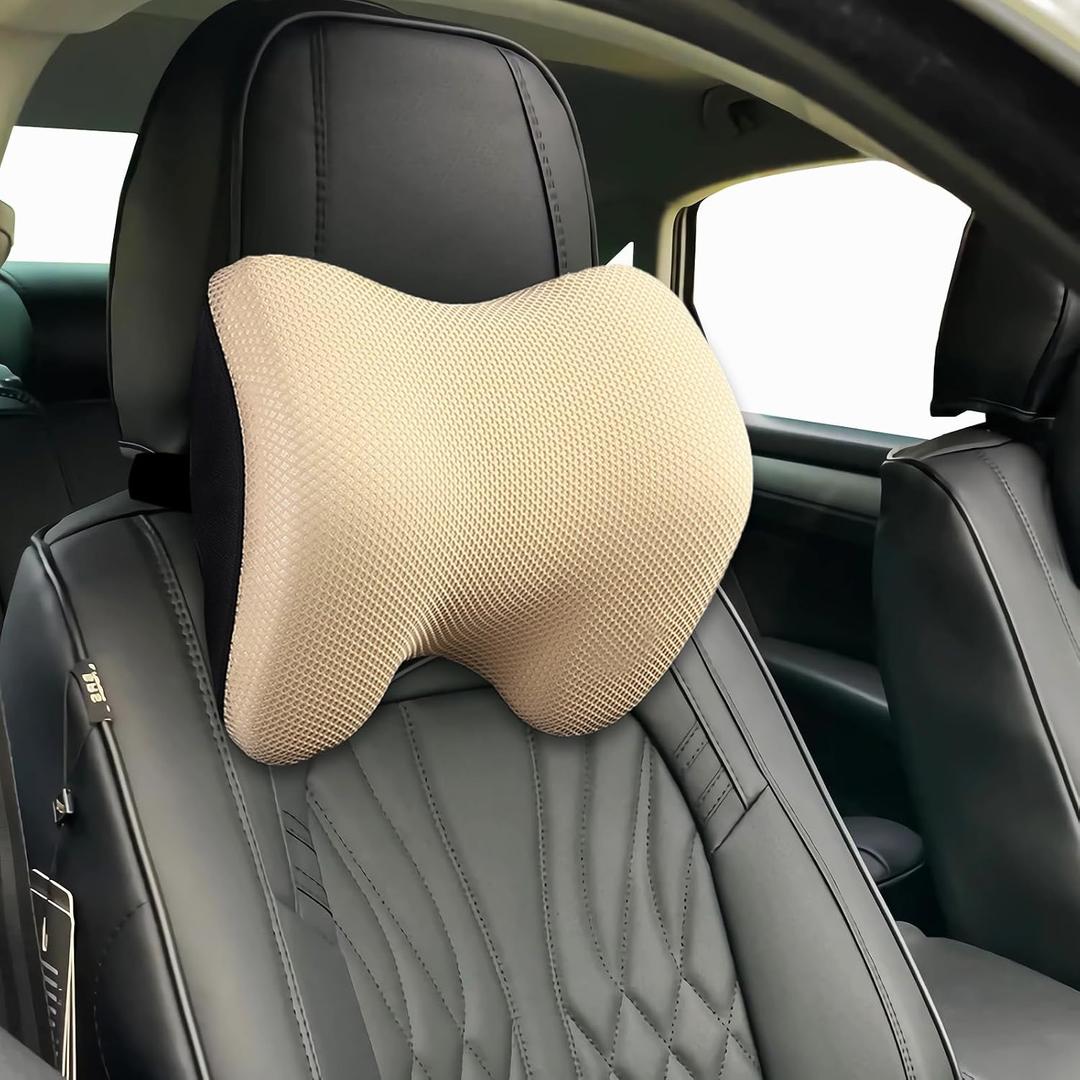SPRFUFLY Make Restful Car Headrest Pillow, Car Pillow for Driving with Adjustable Strap, Breathable Removable Cover & Ergonomic Design - Softness Travel Car Neck Support Pillow (Beige, 1PC)