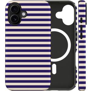 Magnetic for iPhone 16 Case Cute Stripes Phone Case, Shockproof Slim TPU and Hard PC Protective Phone Cover Compatible with MagSafe Designed for Women Girls, Blue&Apricot