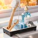 Caumic Minimalist Sink Caddy, Rustproof Sponge Holder for Kitchen Sink with 304 Stainless-Steel Brush Holder, Countertop Rack Organizer with Raised Ridges & Silicone Drain Tube (Black, Large)