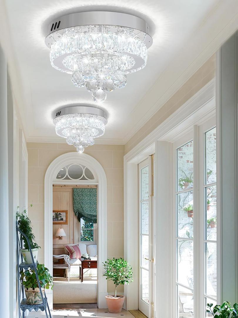 Dia 12" Mini Chandelier Flush Mount Chandelier for Hallway, Crystal Ceiling Chandeliers for Dining Room, Bedroom, Living Room, Entryway, Kitchen (Chrome Ceiling Light Fixture)