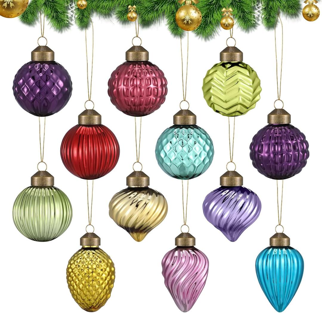 Soulchen 24 Pcs Vintage Retro Christmas Glass Ornaments 2.4'' Mini Multi Colorful Glass Balls Bulk Antique Xmas Hanging Decorations for Xmas Tree Wreaths Garland Holidays Farmhouse Party