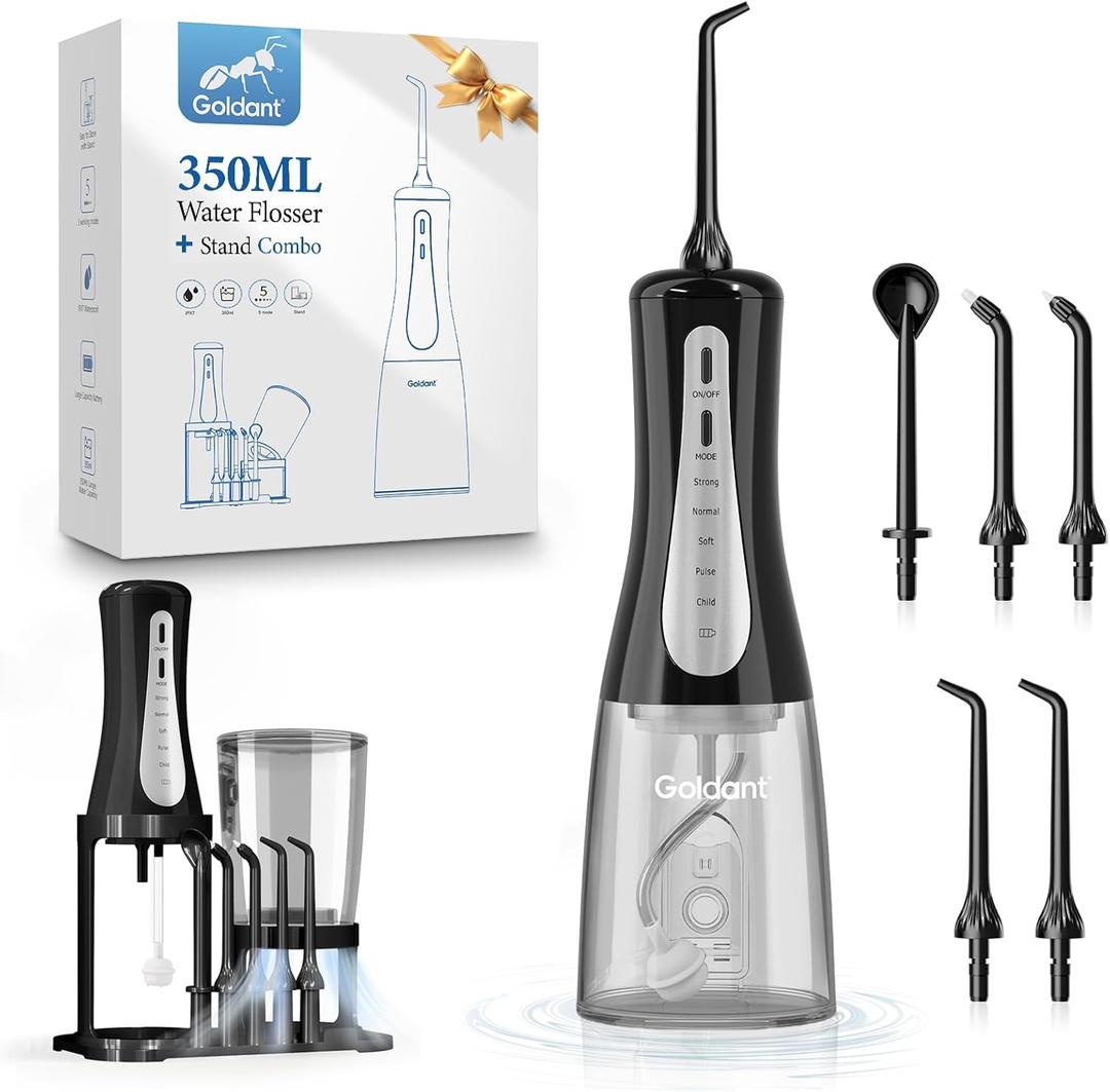 350ML Water Dental Flosser Teeth Pick with Stand Convenient Storage, 5 Modes Portable Cordless Oral Irrigator, Electric Rechargeable IPX7 Waterproof for Home Travel Teeth Cleaning (Black)