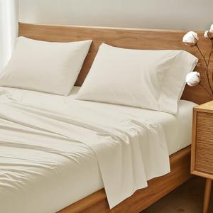 THREAD SPREAD 100% Organic Cotton Bed Sheet Set - Crisp and Cooling Percale Weave, Soft Breathable, Eco-Friendly, 4 Piece Bedding Set, Deep Pocket with All-Around Elastic, (King, Ivory)