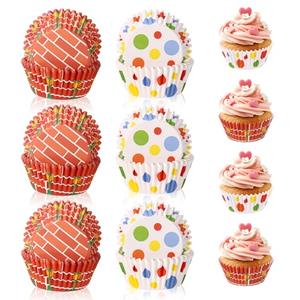 300pcs Street Party Cupcake Liners, Red Brick Wall Street Paper Muffin Wrappers Holders Baking Cups for Boys Girls Birthday Party Decorations (2 Styles) ﻿